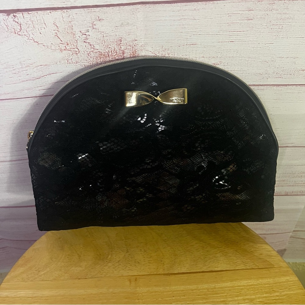 Victoria’s Secret Black Lace Overlay Plastic Metal Bow Clutch or MakeUp Bag
